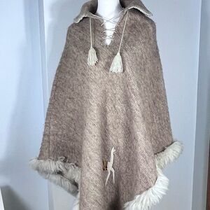 Rare Find.  Vintage Alpaca Tan Poncho with Tassel Details